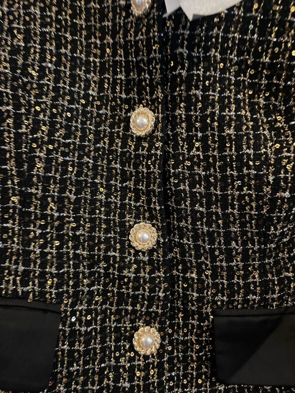 Black Tweed Bomber Jacket with Gold Buttons - Women's - Picture 5 of 7